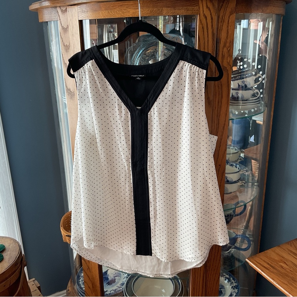 Roz & Ali White Polka Dot Sleeveless V-Neck Top with Black Trim XL